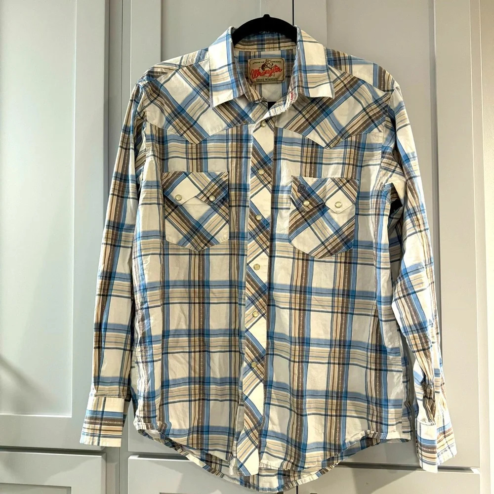 Vintage Wrangler‎ Plaid Cowboy Shirt w/ Pearl Snaps White Blue Tan